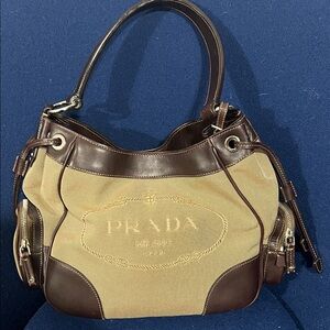 Prada Dark Brown and Beige Jacquard Shoulder Bag